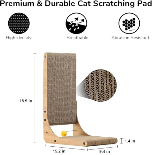 FUKUMARU Cat Scratcher, 18.9 Inch L Shape Cat Scratch Pad, Vertical Cat Scratcher Wall Mounted, Cat Scratching Cardboard with Ball Toy for Indoor Cats