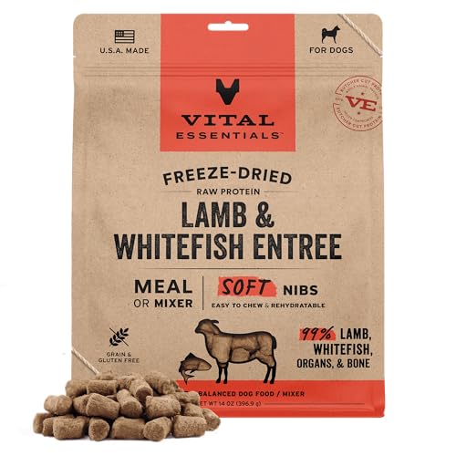 Vital Essentials Freeze Dried Dog Food, Raw Lamb & Whitefish Soft Nibs | Complete Meal or Topper | 99% Lamb, Whitefish, Organs & Bone | High Protein, Grain Free Dry Dog Food | 14 oz Bag