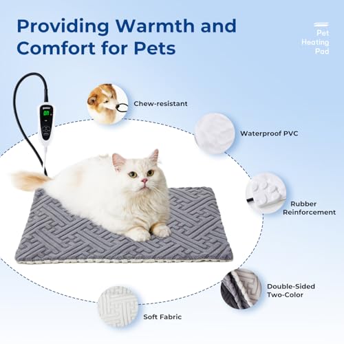 Cat Heating Pad - 11 Adjustable Temperature and 25 Timer Options, Heated Cat Bed Indoor with Chew-Resistant Cord for Small Dogs, 18x18 Inch