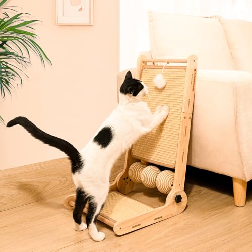 Cat Scratcher, 180°Angles Cat Scratcher, 23.6'' Cat Scratch Pad W/Toy Balls, Cat Scratch Pad for Indoor Cats Kitties, Cats Scratching Board W/Adjustable Shape,2-Sided Sisal Design