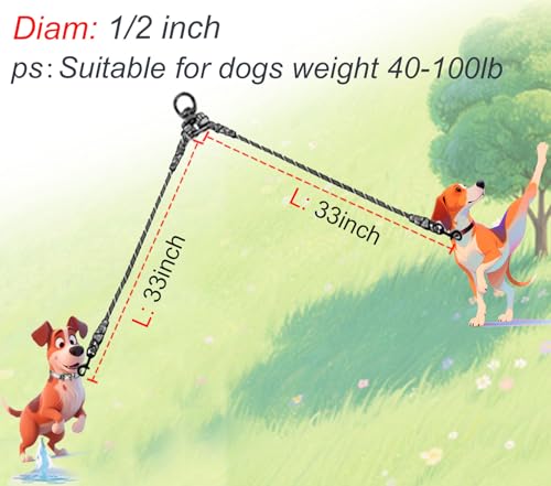 Double Dog Leash Coupler Heavy Duty Extension Rope for Two Large Dog | No Tangle 1/2" Thick Dual Dog Lead Splitter for Large Medium Dogs Over 40 lbs