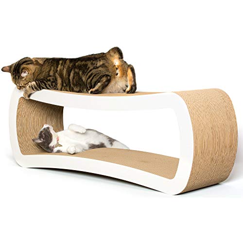 PetFusion Jumbo Cat Scratcher Lounge, White. 39 x 11 x 14 inch 4 Cardboard Scratching Surfaces and 2 Levels, Scratch, Play, Perch, and Hide100% Recyclable Cardboard Cat Lounge