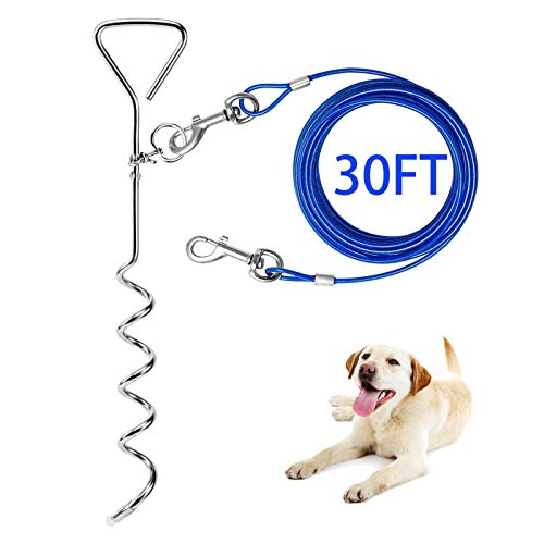 Dog Tie Out Cable and Anti Rust Spiral Stake , 30ft Outside Leash&Chain for Camping and Yard, 16'' Heavy Duty for Medium-Large Dogs Up to 125 lbs