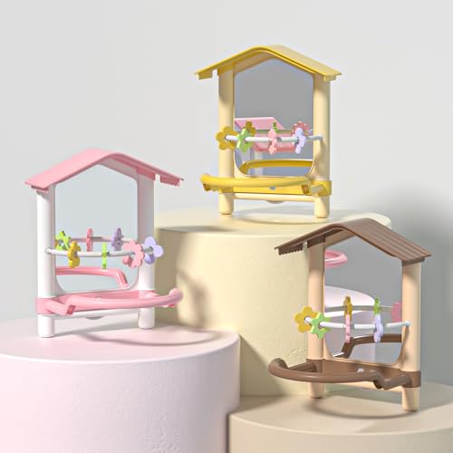 8.1 Inch Pet Bird Mirror with Perch Stand and Parakeet Chew Toys,Parrot Toys Bird Cage Decorative Accessory, Helps Birds Release Stress for Canaries Budgies Lovebirds Conures Cockatiels (Yellow)