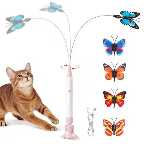 Potaroma Interactive Spinning Butterfly Cat Toy Wand – Rechargebale Electric Touch Activated Cat Teaser with Suction Cup Self-Play & Handheld Mode