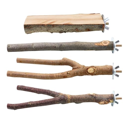 BILLIOTEAM 4 Pack Natural Wood Bird Perch Parrot Stand Branches Fork Toys,Pet Bird Cage Wooden Hanging Perch Platform Hammock Swing Toy for Small Parakeets,Budgies,Cockatiels,Conures,Finches