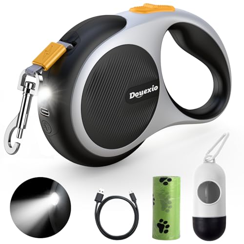 Retractable Dog Leash with LED Flashlight, Douexio Upgrade 3 in 1 Dog Leash Retractable for Small Medium Dogs Up to 66 lbs, 16ft, Anti-Slip Handle