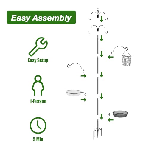 Bird Feeding Station, 90.55in 6-Hook Wild Bird Feeder Stand Pole with Water & Mesh Tray Humming Bird Feeders for Outdoors Easy Assembly for Courtyards Gardens (Black)