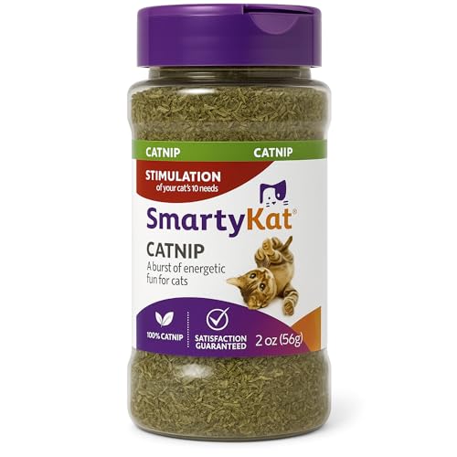 SmartyKat Natural Catnip Canister, 100% Natural Cat Nip for Cats, Premium Dried Catnip for Indoor Cats, Positive Training Aid for Play and Exercise, Resealable Shaker Bottle, 2 Ounces