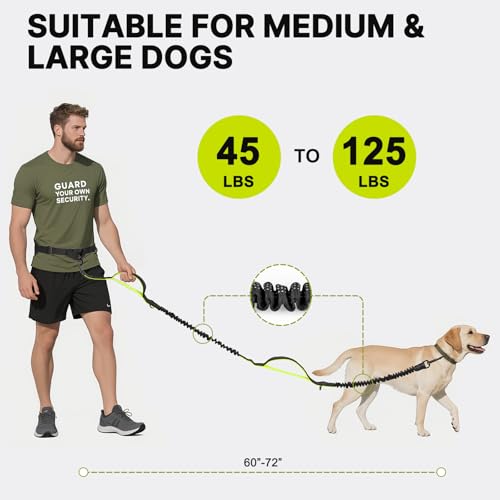 Hands Free Dog Leash for Medium Large Dogs, Waist Support Padded Bungee Dog Running Leash with Reflective Stitching for Walks, Jogging, Running