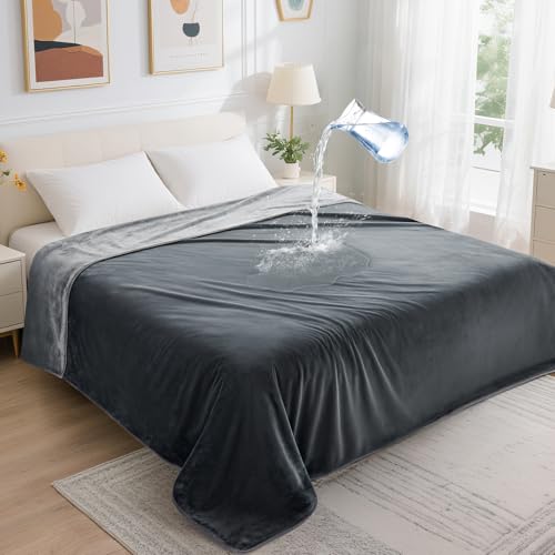 LOOBANI Waterproof Blanket for Bed: Reversible Soft Flannel Twin Bed Blanket 60" x 80", Leakproof Throw Spill-Proof Dog Pet Blanket for Couch, Sofa Protect, Movie Time, Camping, Travel, Grey