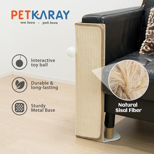 PETKARAY Under-Furniture Cat Scratcher, 23.6'' Sisal Scratching Post for Couch Corner, Furniture Protector Scratch Pad for Sofa with Toy Ball