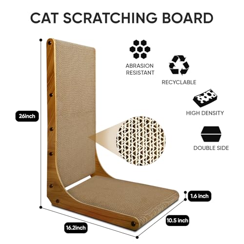 Cat Scratcher, 26 inch L Shape Cat Scratching Pad for Indoor Cats, Durable Sustainable Cardboard Scratcher with Box, Recyclable Vertical Cat Scratch Pad to Protect Furniture, Large