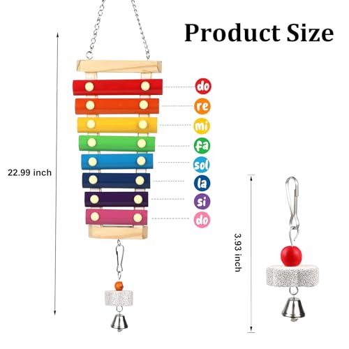 Large Parrot Suspensible Xylophone Toy, Multicolored Natural Wooden Bird Chewing Toys with Grinding Stone for Large, Medium Birds, Macaws, African Grey, Cockatoos,