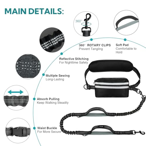 Hands Free Dog Leash, Double Dog Leash with Waist Bag, Back Brace, Double Padded Handles, Running Belt Fanny Pack with Phone, Treat, (Large, 26-120