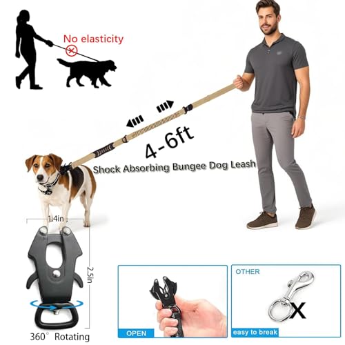 Heavy Duty Tactical Dog Leash, 4-6FT Shock Absorbing Tactical Leash with 2 Padded Handles, Metal Carabiner Clip,Car Seatbelt, Reflective Heavy Duty