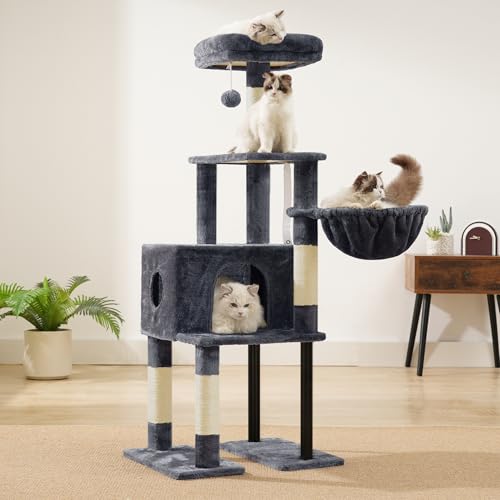 Heybly Cat Tree, 49.2 Inches Cat Tower for Indoor Cats, Spacious Cat House Condo with Hidden Space，Sturdy Steel Tube，Soft Plush Top Perch，Cozy Hammock and Sisal Scratching Posts, Smoky Gray HCT200SG