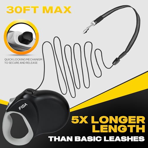 Fida Upgraded Retractable Dog Leash 30ft, Heavy Duty Pet Walking Leash for Medium/Large Breed up to 110 lbs, 360° Tangle-Free Long Retract Dog Lead