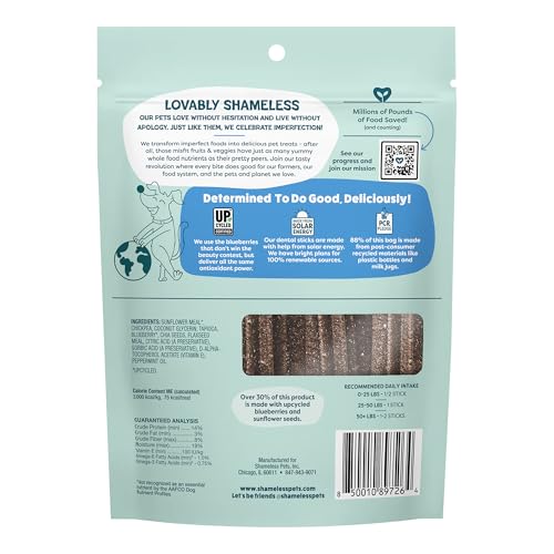 Shameless Pets Blueberry & Mint Dental Chews for Dogs, 8 Chews - Natural Dog Teeth Cleaning Treats with Fresh Breath Benefits | Grain-Free Dental