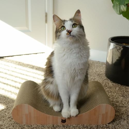 Necoichi Cardboard Cat Scratcher Bed for Indoor Cats - Cat Scratching Board, Horizontal Cat Scratch Pad Lounger with Reversible Usability and Extra Comfort for Lounge, Curved (18" Regular, Oak)