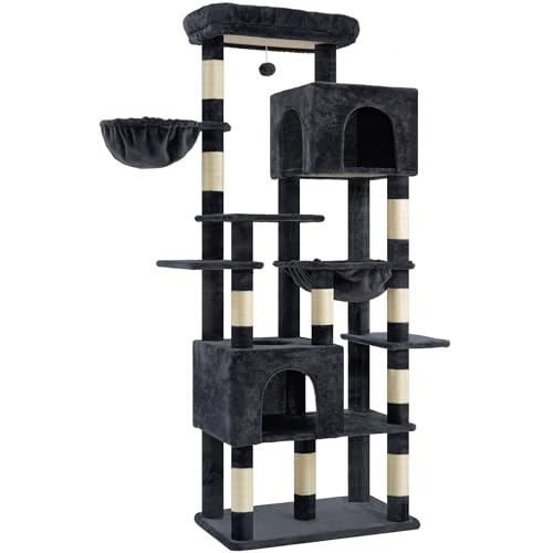 Heybly Cat Tree, 76-Inch Tall Heavy Duty Cat Tower for Big Cats with Extra Wide Baseboard, Multi-Level Large Cat Furniture with 2 Condos & 2 Hammocks, 10 Scratching Posts, Smoky Gray HCT039G