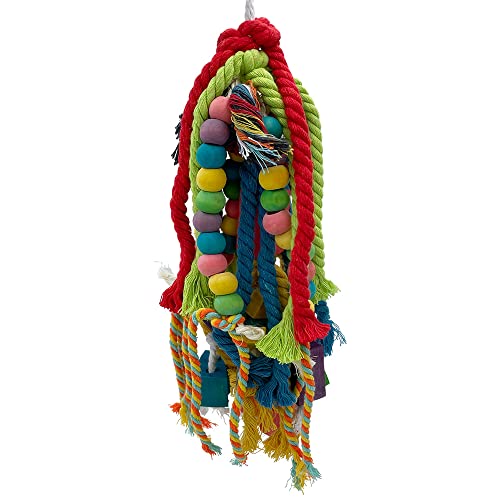 20.5 inch Parrot Chewing Toys - Wooden Block Tearing and Cotton Rope Toys for Medium Large Extra Large Parrot Conures African Grey  Cockatoo and Macaw