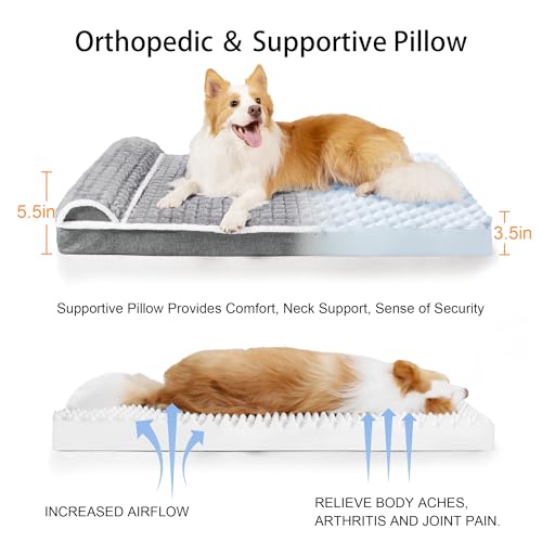 Orthopedic Dog Bed Large Sized Dog with Pillow 36''X24'', Waterproof Soft Comfortable Egg Crate Foam Pet Crate Beds Mat with Removable Washable Cover and Non-Slip Bottom, Grey