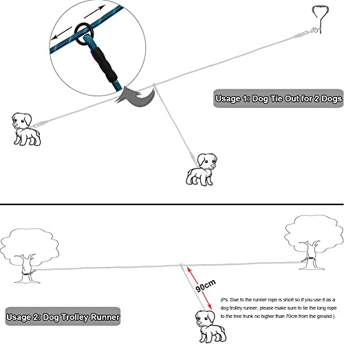 BTINESFUL 12FT 20FT 30FT 50FT Reflective Dog Tie Out for 2 Dogs, No Tangle 20ft by 1/3 Inch Nylon Rope Long Tether for Two Dogs, Dog Trolley Runner