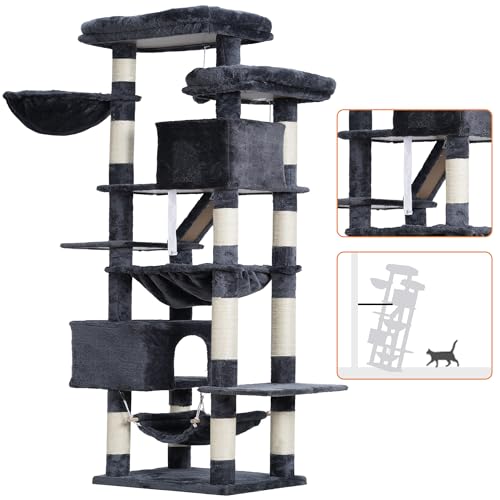Heybly Cat Tree, 71-Inch-Tall Tower for Indoor Cats with 2 Perches, 2 Big Condos, 2 Hammocks, Basket, Scratching Pad, Large Cat Furniture and Condo, Smoky Gray HCT034G