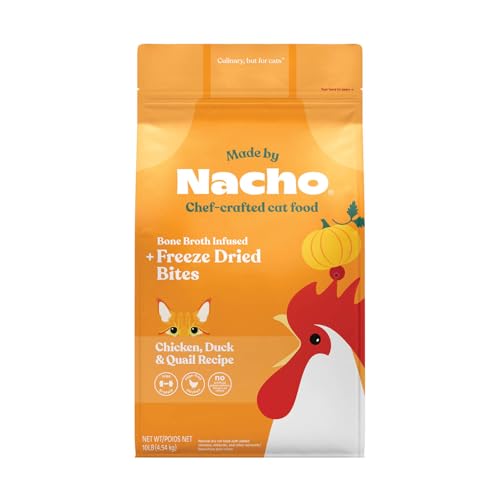 Made by Nacho Dry Cat Kibble 10lb Bag, High Protein Premium Cat Food with Freeze-Dried Pieces, Cage-Free Chicken, Duck & Quail, Limited Ingredients, Single Bag