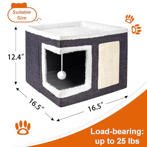 Cat Houses for Indoor Cats - Large Cat Bed Cave with Scratch Pad and Fluffy Ball, Foldable Cat Condo Hideaway with Reversible Cushion for Multi Small Pet, Dark Grey