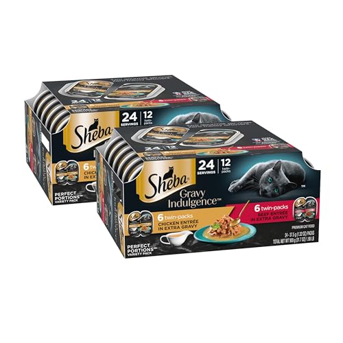 Sheba Gravy Indulgence Adult Wet Cat Food Beef and Chicken Entree in Extra Gravy Variety Pack, 2.6 oz. Twin-Pack Trays (12 Count, 24 Servings) (Pack of 2)
