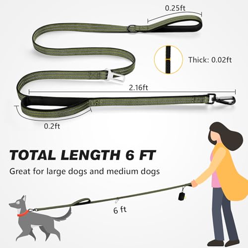 WINGOIN Dog Leash for Large Medium Dogs, Heavy Duty Dog Leashes with Double Handle, Poop Bag Holder, Metal Clip, Car Seat Belt Buckle, Reflective
