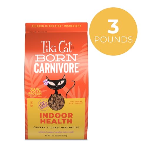 Tiki Cat Born Carnivore High Protein, Indoor Health, Chicken and Turkey Meal Recipe, Grain-Free Baked Kibble to Maximize Nutrients, Dry Cat Food, 3 lb. Bag