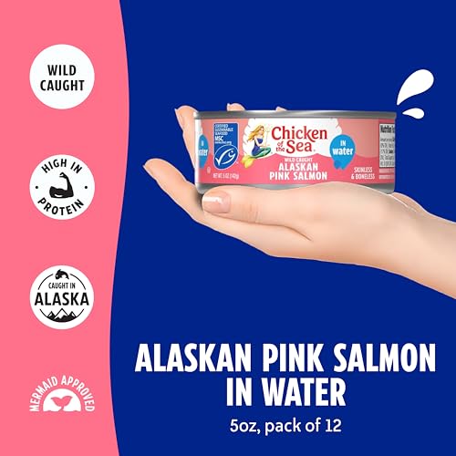 Chicken of the Sea Alaskan Pink Canned Salmon in Water, 5 Ounce Cans, 12-Count – High Protein Skinless & Boneless Wild Caught Salmon – Delicious Wild Salmon for Burgers, Pasta, & More