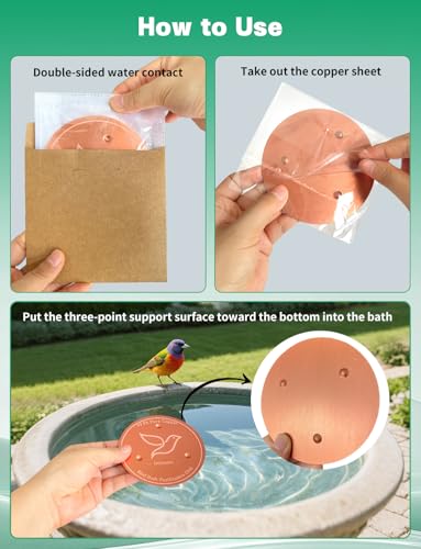 2-Pack Bird Bath Copper Disk, 0.6mm Thick 99.9% Pure Copper Cleaning Disk with Triple-Point Support, Safe Nature’s Purifier Clean Water All Season, Universal for Outdoor Birdbaths Bowls