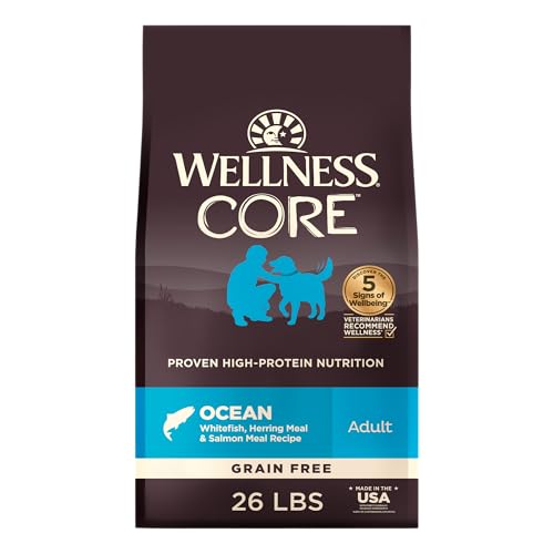 Wellness CORE Adult Dry Dog Food, Grain Free Kibble, Natural, High Protein, Chicken Free, Whitefish, Herring and Salmon Recipe, 26 lb Bag