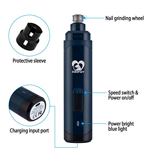 Casfuy Dog Nail Grinder Upgraded - Professional 2-Speed Whisper-Quiet Electric Pet Nail Trimmer Painless Paws Grooming & Smoothing for Small Medium Large Dogs & Cats (Dark Blue)