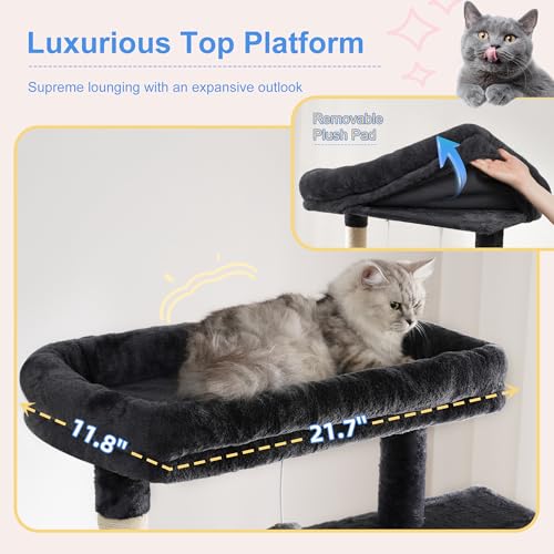 Heybly Cat Tree, 76-Inch Tall Heavy Duty Cat Tower for Big Cats with Extra Wide Baseboard, Multi-Level Large Cat Furniture with 2 Condos & 2 Hammocks, 10 Scratching Posts, Smoky Gray HCT039G