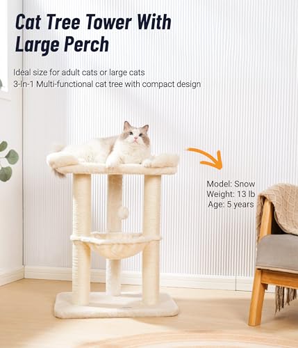 Happi N Pets 28" Cat Tree Tower, Tall Cat Scratching Post with Soft Perch for Window Viewing, Large Bed for Big Cats, Stable & Compact Cat Tower with Hammock, Removable Cover-Beige