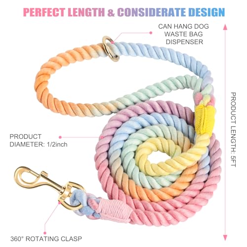 Dog Leash 5 FT Handmade Braided Cotton Rope Leashes for Small Medium and Large Dogs, New Golden Heavy Duty Metal Clasp, Colorful Macaron
