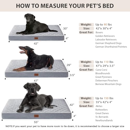 WNPETHOME Orthopedic Waterproof Extra Large Dogs Bed with Removable Washable Cover, Multi-Needle Quilting XL Crate Bed for Large Sized Dog, Light Grey