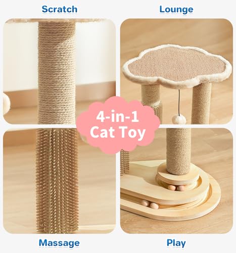 Made4Pets Cat Scratching Post, Cat Self Groomer for Indoor Cats, Cloud Soft Perch for Rest, 17.5" Tall Natural Sisal Scratcher Cat Grooming Interactive Ball Track Toys for Small Cats Kittens