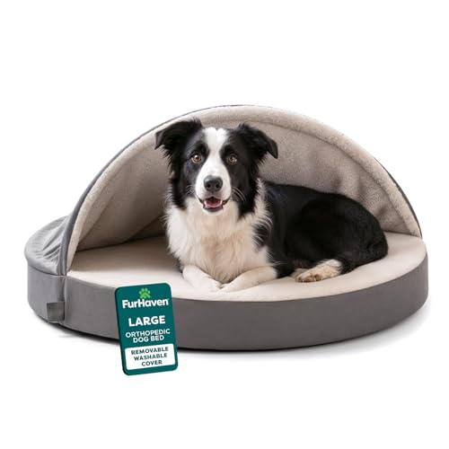 FurHaven Round Orthopedic Dog Bed for Large Dogs, Egg Crate with a Solid Orthopedic Foam Base with Attached Blanket Hood and Removable Washable Cover, Large, Sherpa & Suede Snuggery, Gray