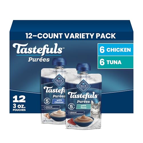 Blue Buffalo Tastefuls Purées Variety Pack Wet Cat Food Complement (Chicken & Tuna) Made with Natural Ingredients, for All Life Stages, 3-oz.