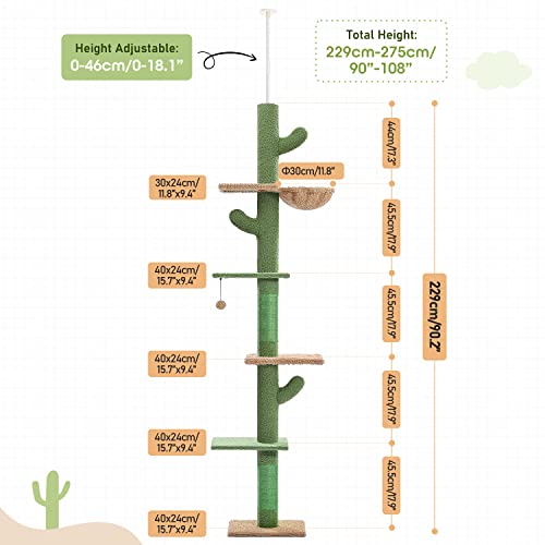 PAWZ Road Cat Tree, Cactus Floor to Ceiling Cat Tower with Adjustable Height(95-108 Inches), 5 Level Cat Climbing Tower with Cozy Hammock, Platforms and Dangling Balls for Indoor Cats