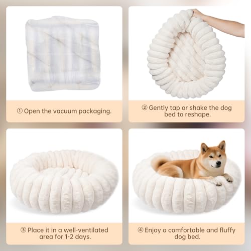 Donut Dog and Cat Bed, Luxurious Comfortable Faux Rabbit Fur Pet Beds, Soft Anti-Anxiety Calming Puppy Kitten Bed with Anti-Slip Bottom for Small Dogs & Cats(20", White)