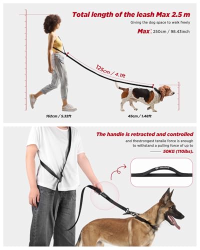 Hands Free Dog Leash, 5.9-8.2ft Multifunctional Crossbody Rope with Explosion-Proof Handle and Adjustable Training Hands Free Leash for Medium Dog