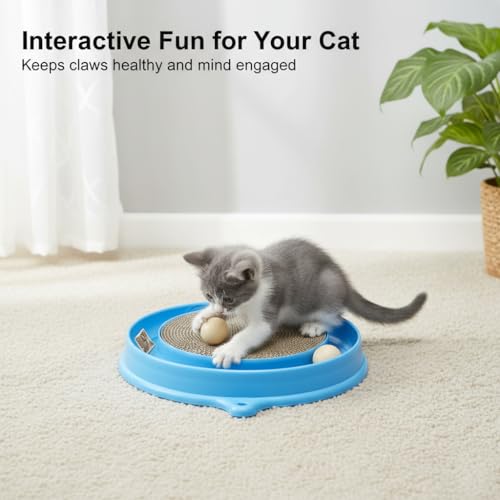 AUOON Cat Scratcher Toy with Ball Track - 3 in 1 Interactive Cat Toy, Cat Scratch Pad with Cat Ball Toy and Plush Cat Mouse Toy for Indoor Cats and Kittens (Blue)