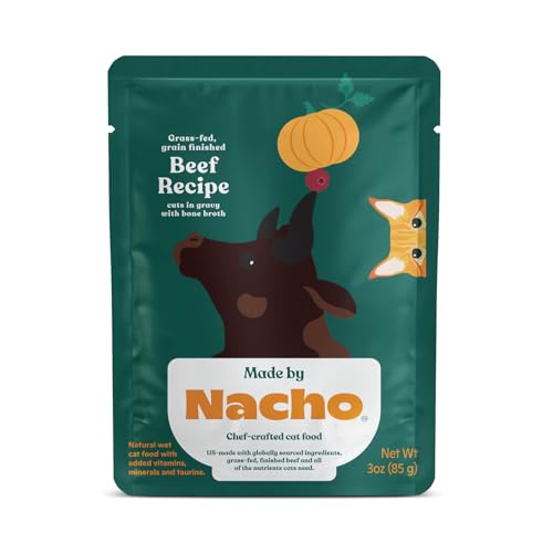 Made by Nacho Wet Cat Food, Cuts in Gravy, Limited Ingredients, Grass-Fed Grain Finished Beef Recipe with Bone Broth for Extra Hydration, (12) 3 oz. Pouches